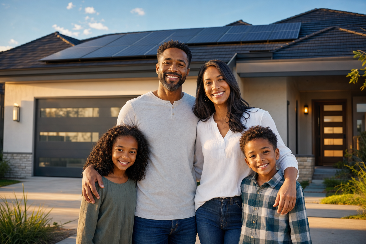 Family standing in front of their home with solar panels