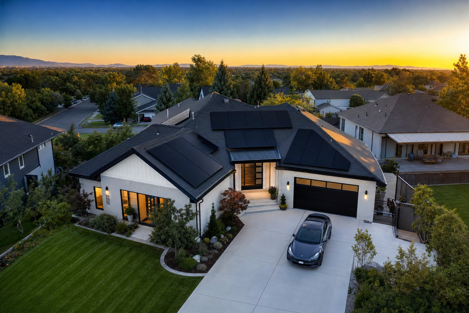 Modern American home with black solar panels at golden hour