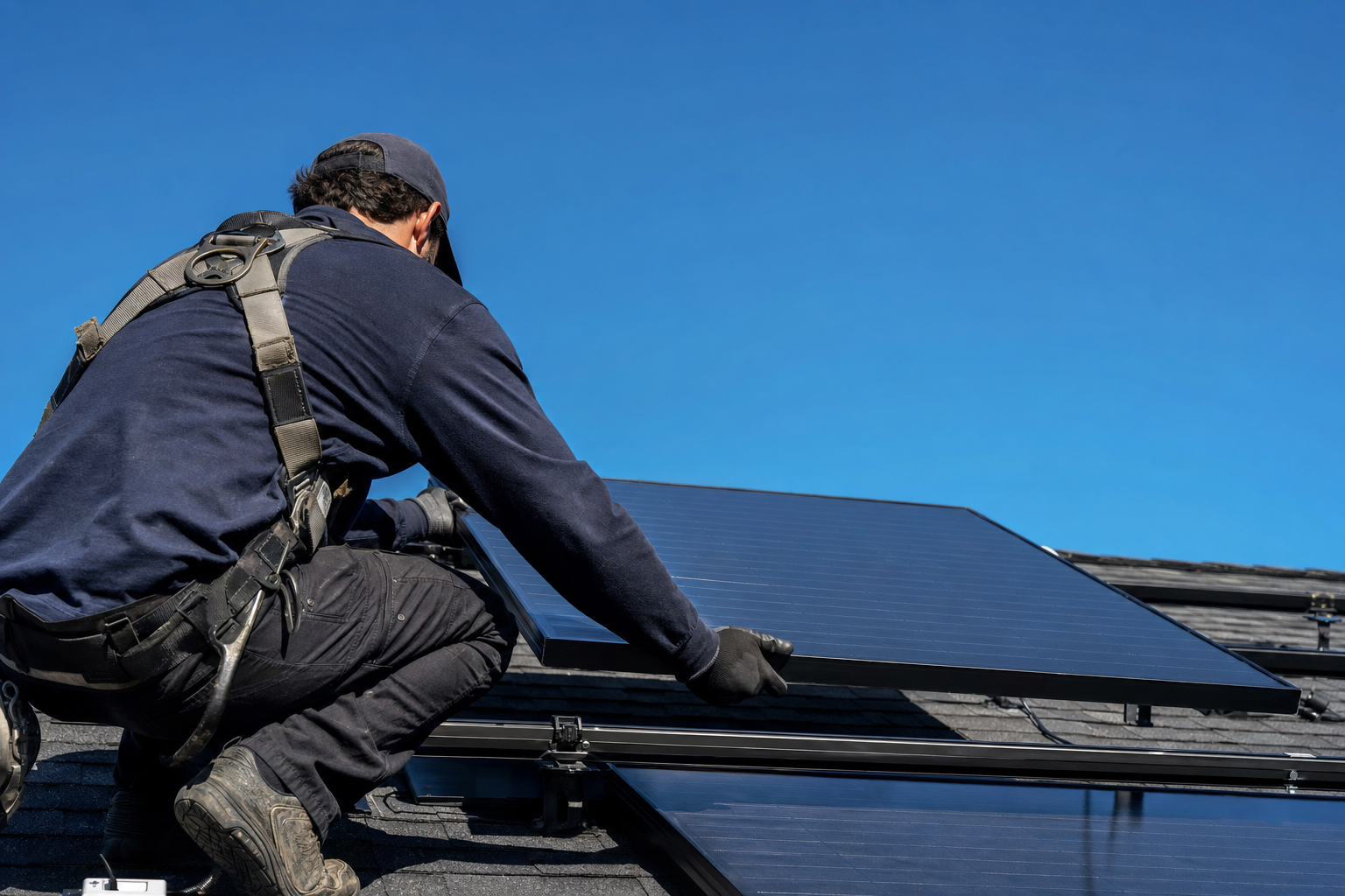 Raven Solar installer mounting a panel on a residential roof